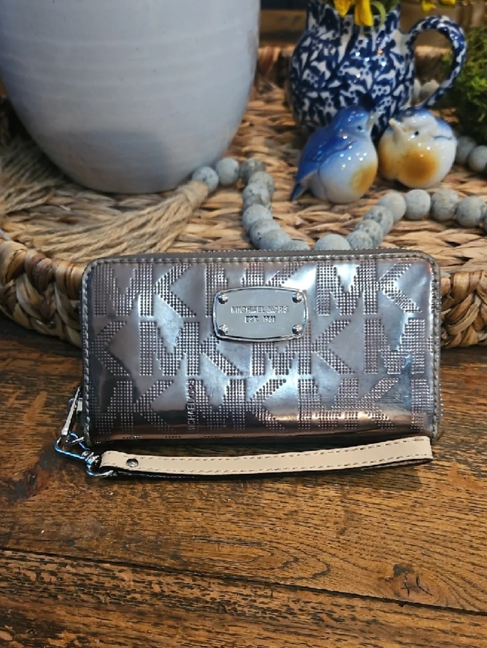 Michael Kors Metallic Bronze Logo Wristlet Wallet with Cream Strap‎
